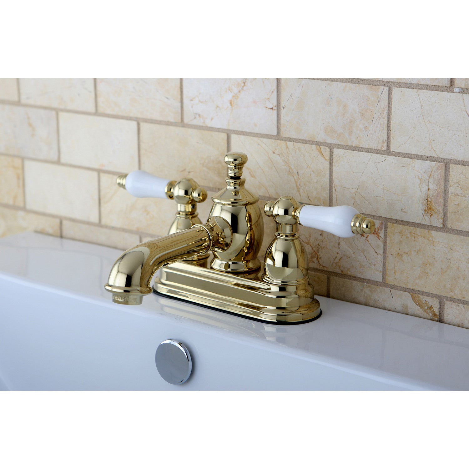 Kingston Tulare KS7002PL - English Country Double-Handle 3-Hole Deck Mount 4-Inch Centerset Bathroom Faucet with Brass Pop-Up, Polished Brass — thumbnail 2